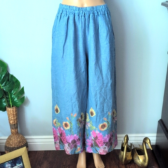 BOHO Me & Gee Linen Blue Floral Wide-Leg Pants with Pockets SZ M Made in Italy - Picture 3 of 16